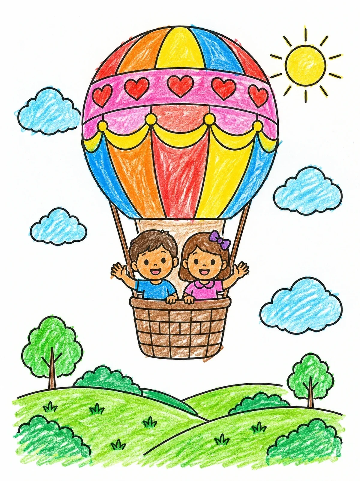 Colored example of the Children In A Hot Air Balloon coloring page