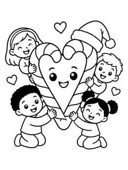 Free printable Children Hugging Candy Cane Heart coloring page