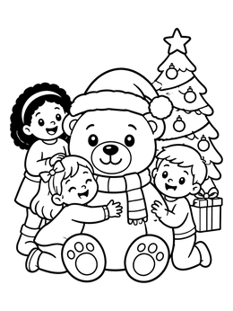 Free printable Children Hugging A Christmas Bear coloring page