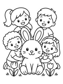 Free printable Children Hugging A Cute Bunny coloring page