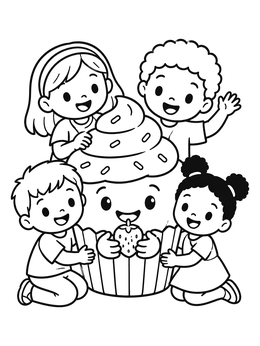 Happy Children Hugging a Giant Cupcake coloring page