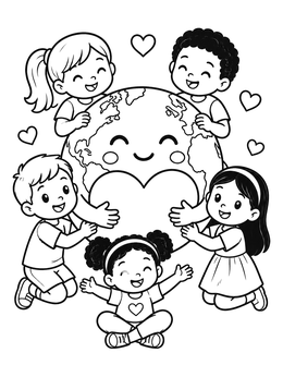 A sweet earth day coloring page showing happy children hugging a smiling globe with a big heart.