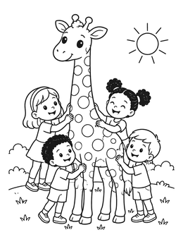 Free printable Children Hugging A Polka Dot Giraffe coloring page