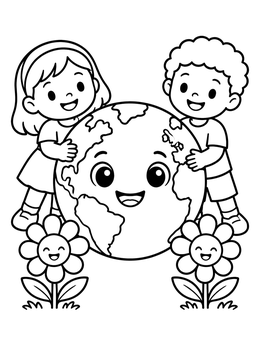 Free printable Children Hugging Smiling Planet Earth coloring page