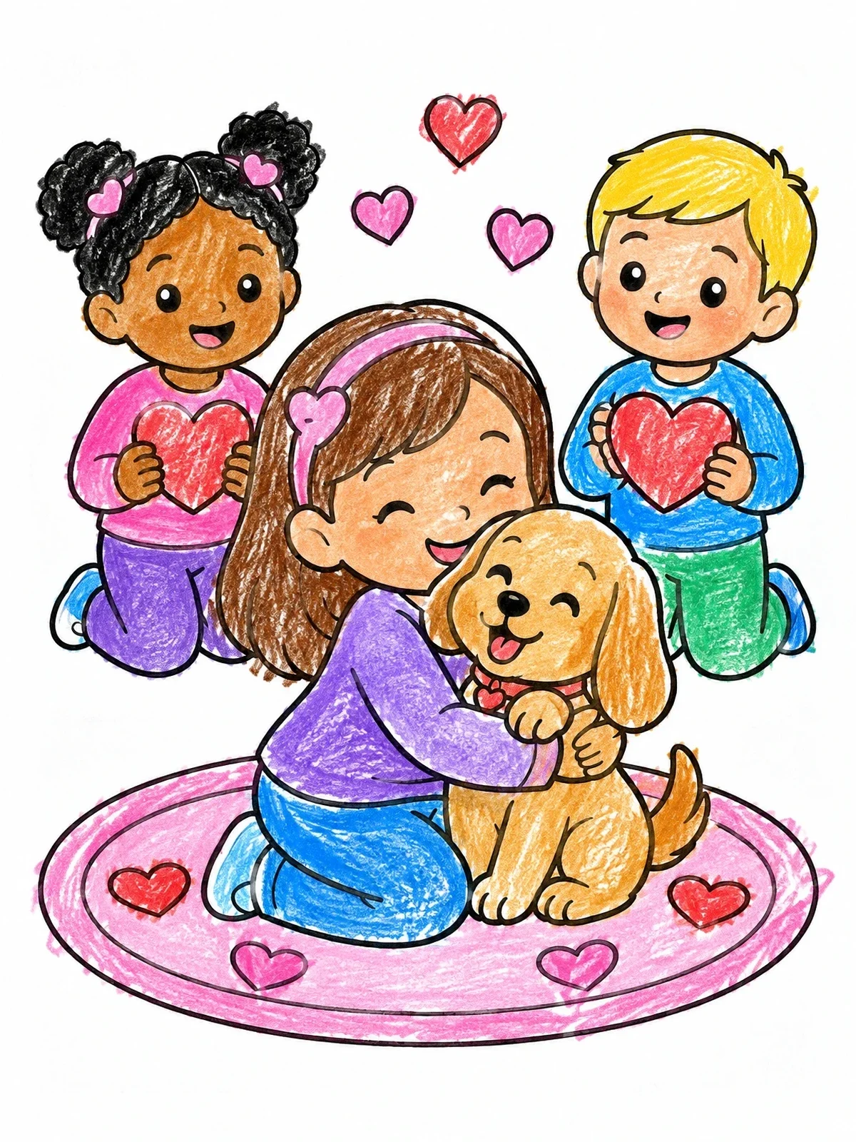 Colored example of the Children Hugging A Valentine Puppy coloring page