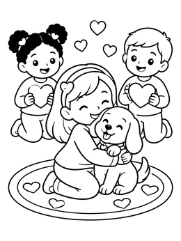 Free printable Children Hugging A Valentine Puppy coloring page