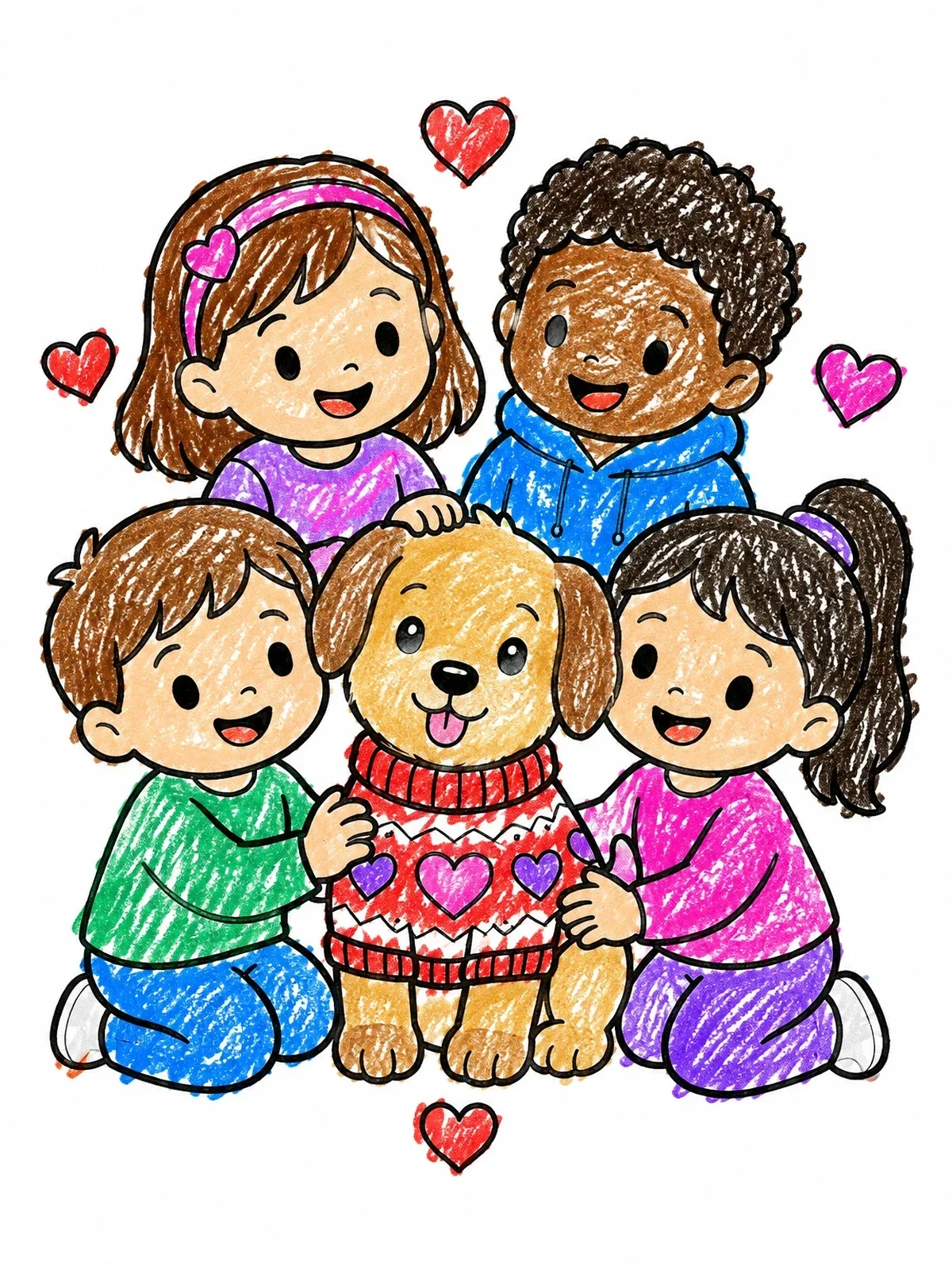Colored example of the Children Hugging Valentine Sweater Puppy coloring page