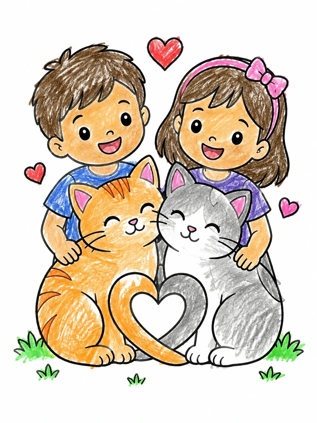 Colored example of the Children Hugging Two Valentine Cats coloring page