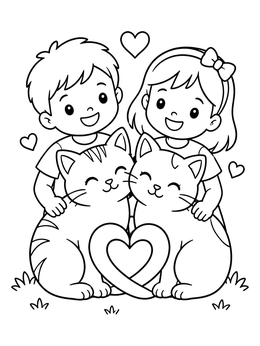 Free printable Children Hugging Two Valentine Cats coloring page