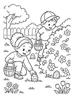 Two kids finding hidden eggs by a flowering bush in this easter egg coloring page.