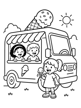 A cheerful girl holds a cone in this ice cream truck coloring page.