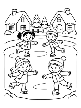 Free printable Children Ice Skating In Winter Village coloring page
