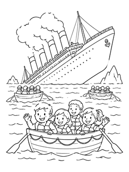 Free printable Children In Lifeboat Near Ocean Liner coloring page