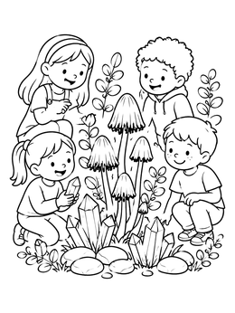 Children Discovering Inky Cap Mushrooms coloring page