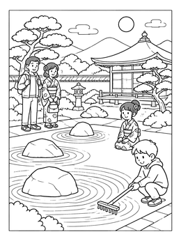 Free printable Children In A Japanese Zen Garden coloring page