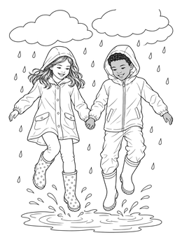 Kids leaping into puddles on this joyful spring rain coloring page.