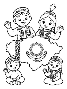 Free printable Children Celebrating Kazakhstan With Map Flag coloring page