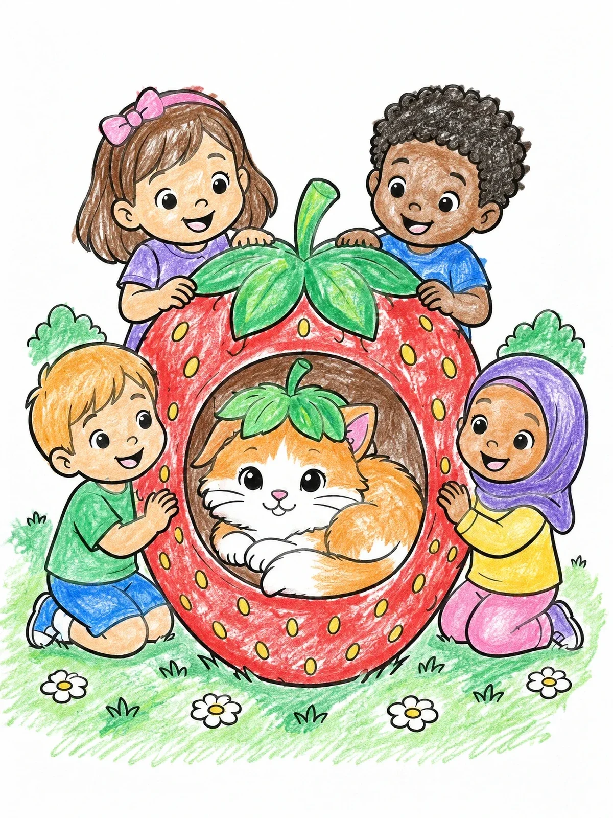 Colored example of the Children Admiring A Kitten In A Strawberry coloring page