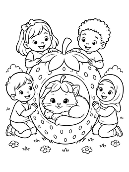 Free printable Children Admiring A Kitten In A Strawberry coloring page