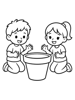 Free printable Kids Kneeling By Flower Pot coloring page