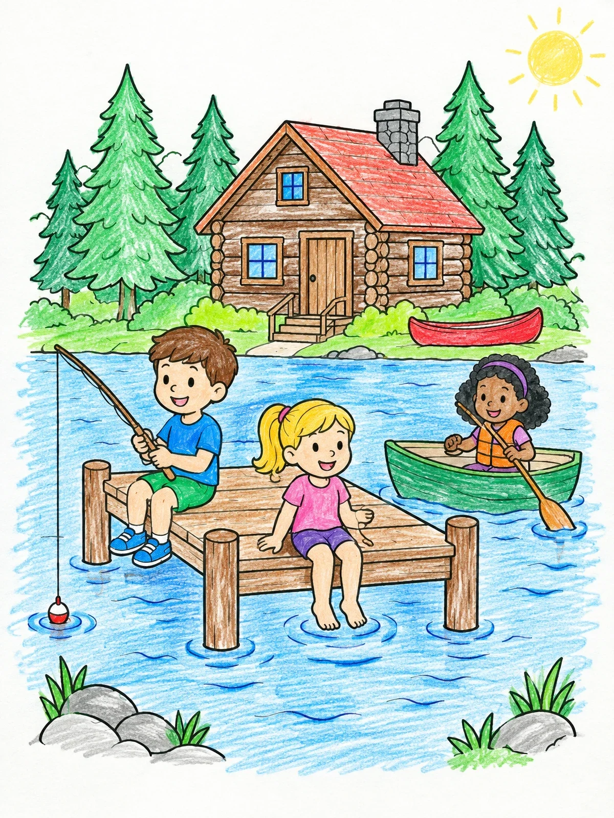 Colored example of the Children Having Fun By The Lake Cabin coloring page