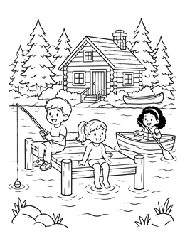 Free printable Children Having Fun By The Lake Cabin coloring page