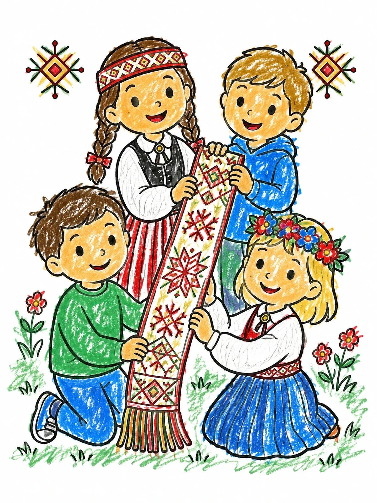 Colored example of the Children Holding Latvian Woven Belt coloring page
