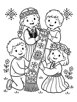 Free printable Children Holding Latvian Woven Belt coloring page