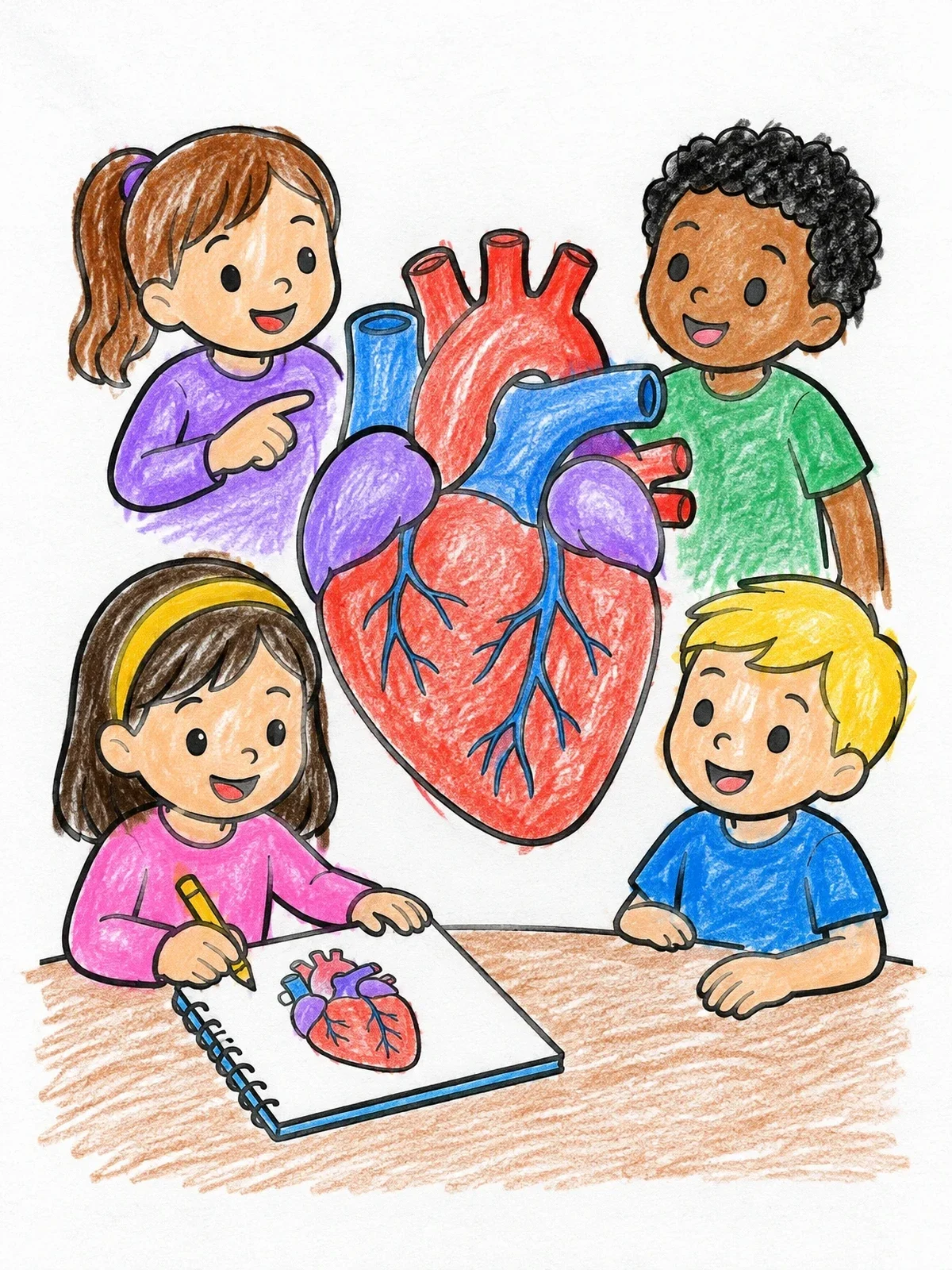 Colored example of the Children Learning About Human Heart coloring page