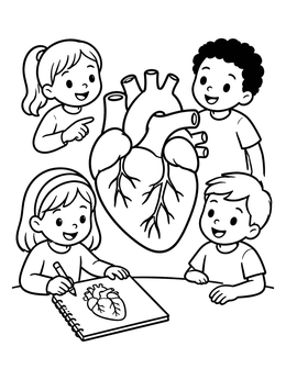 Kids studying anatomy on this human heart coloring page.