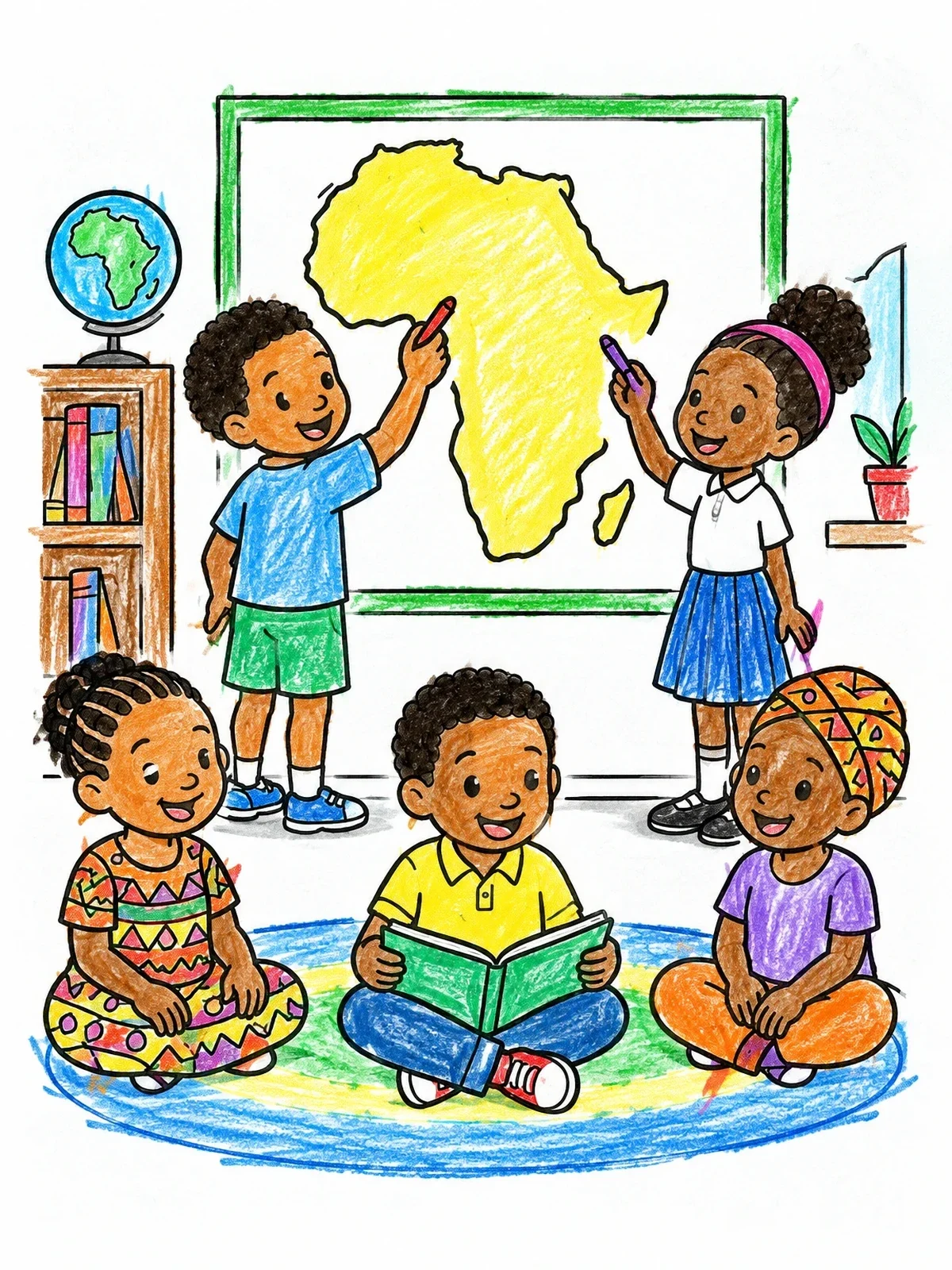 Colored example of the Children Learning The Map Of Africa coloring page