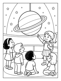 A group of children gaze at a model in this uranus coloring page.