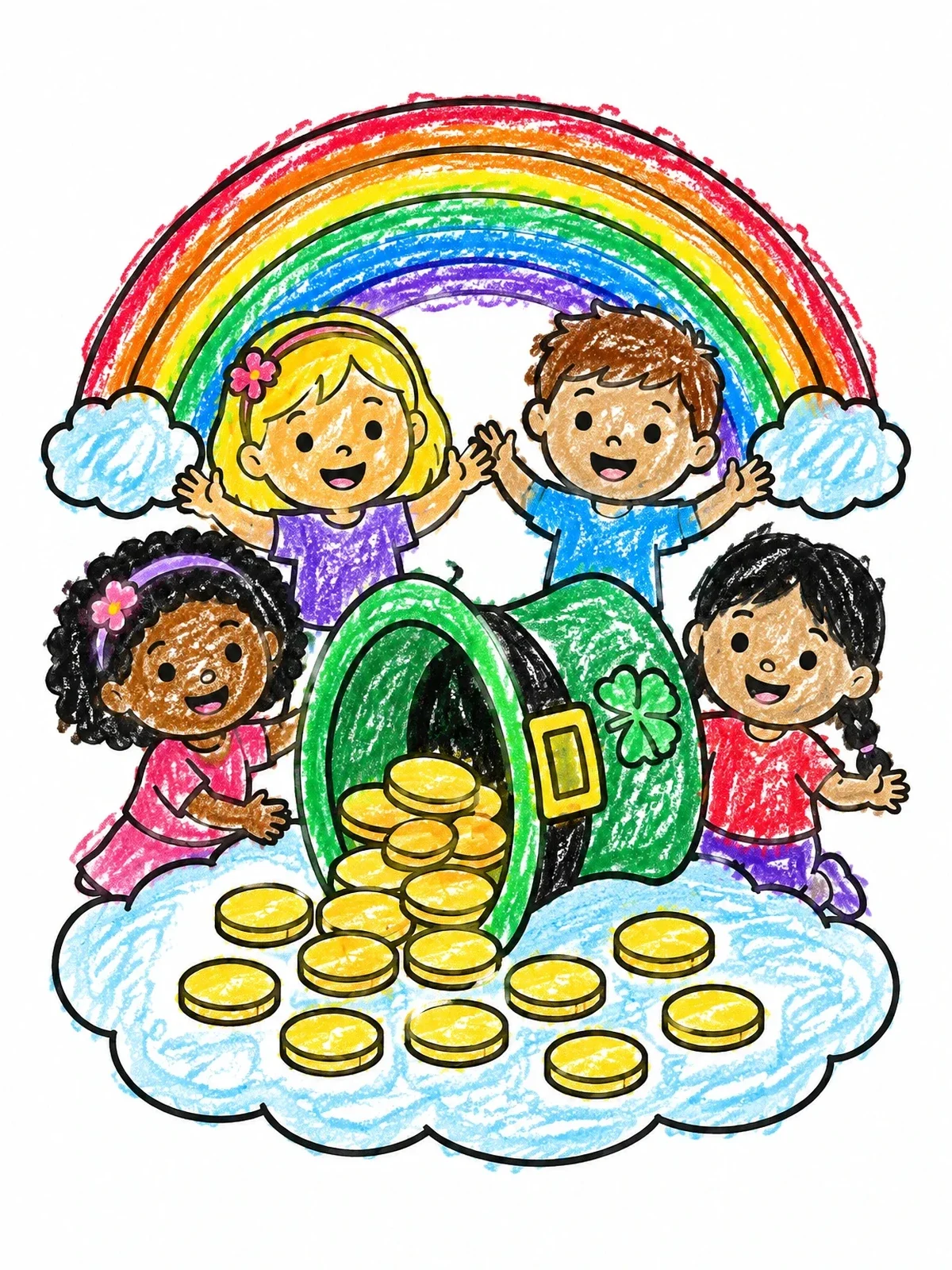 Colored example of the Children Finding Leprechaun Hat Gold coloring page