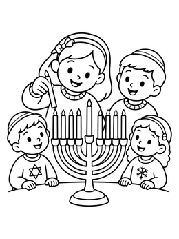 Free printable Children Lighting The Hanukkah Menorah coloring page