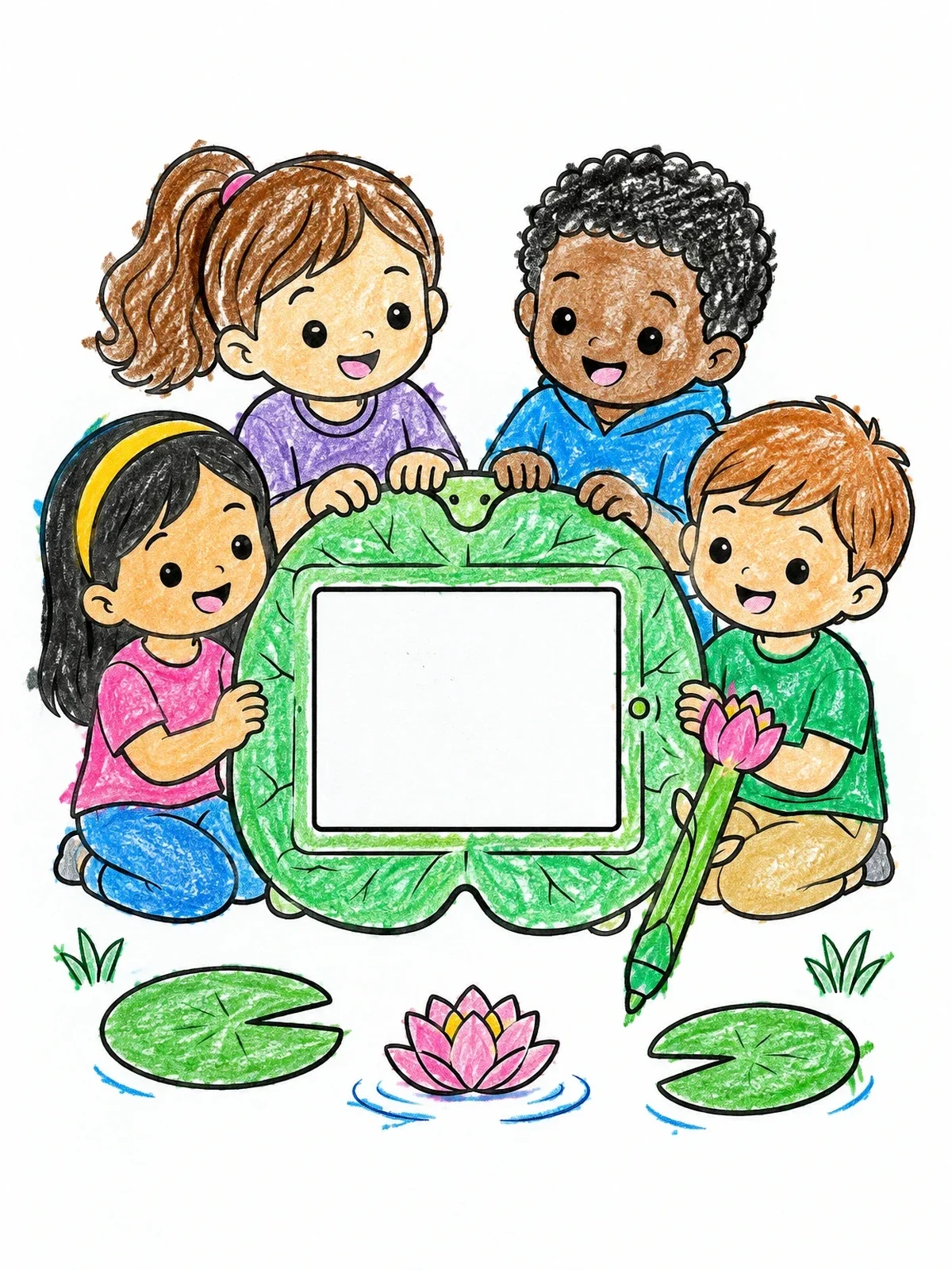 Colored example of the Children With Lily Pad Tablet coloring page