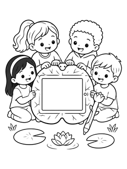 Free printable Children With Lily Pad Tablet coloring page
