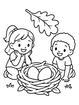 Kids admiring eggs in this bird nest coloring page with an oak leaf above.