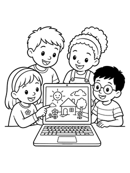 Free printable Children Looking At A Laptop Drawing coloring page