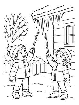Free printable Children Looking At Roof Icicles coloring page