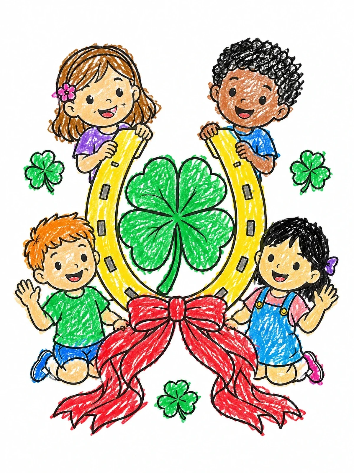 Colored example of the Children With Lucky Clover And Horseshoe coloring page