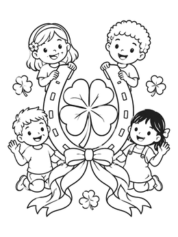 Free printable Children With Lucky Clover And Horseshoe coloring page