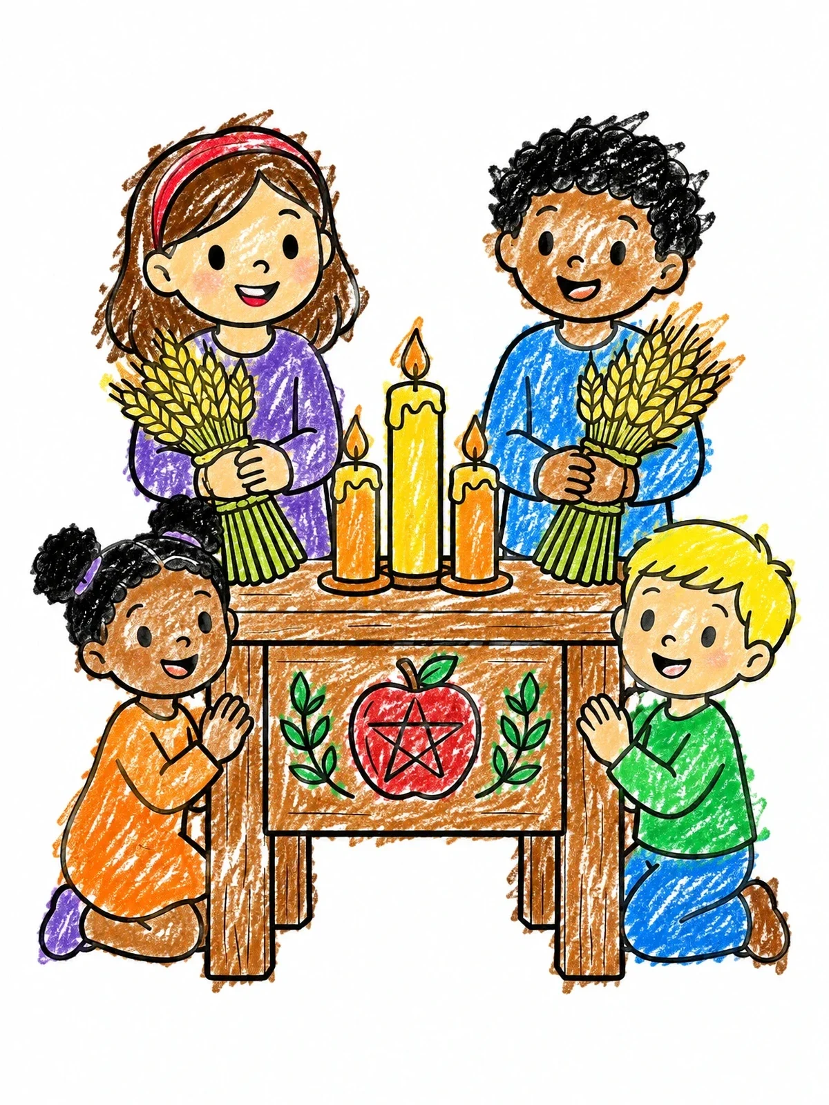Colored example of the Children Celebrating Mabon Equinox coloring page