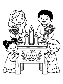 Free printable Children Celebrating Mabon Equinox coloring page