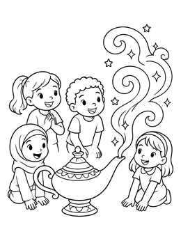 Free printable Children Discovering A Magic Lamp coloring page