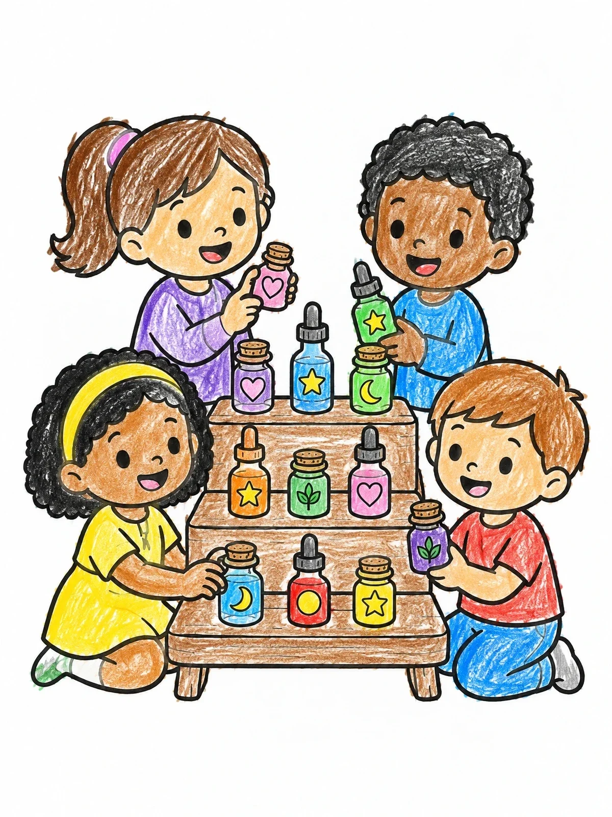 Colored example of the Children Organizing Magic Potion Bottles coloring page