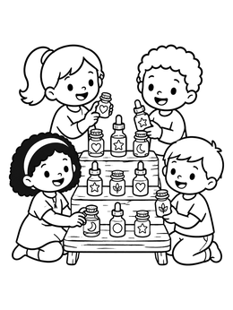 Kids play with magic vials on this potion bottle coloring page.