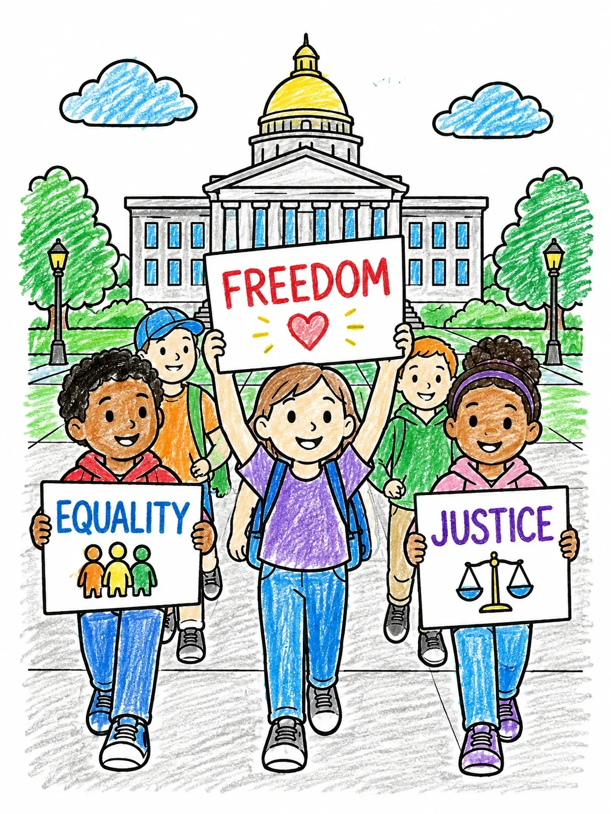 Colored example of the Children Marching For Civil Rights coloring page