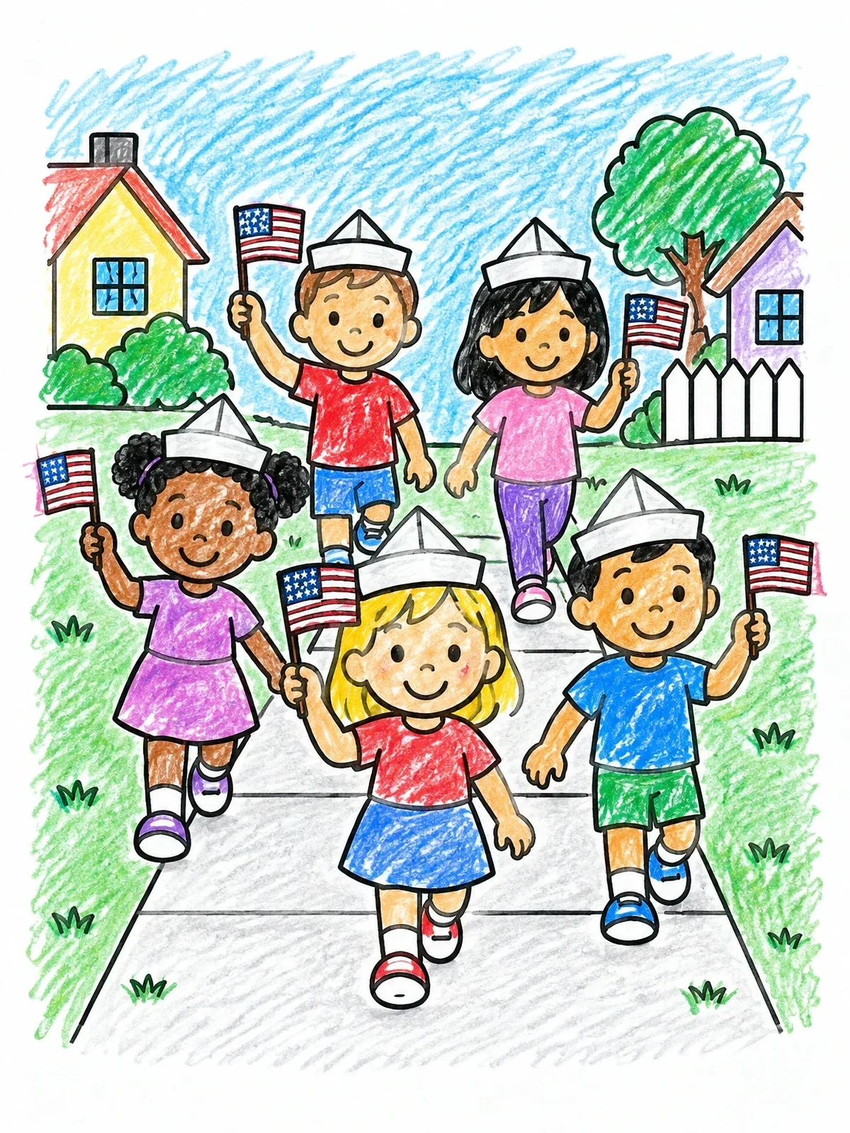Colored example of the Children Marching In A Flag Parade coloring page