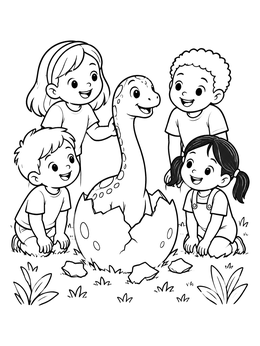 Happy kids surround a dinosaur egg coloring page with a cute baby sauropod hatching.