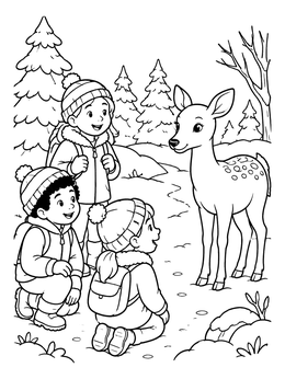Free printable Children Meeting A Deer In The Snow coloring page
